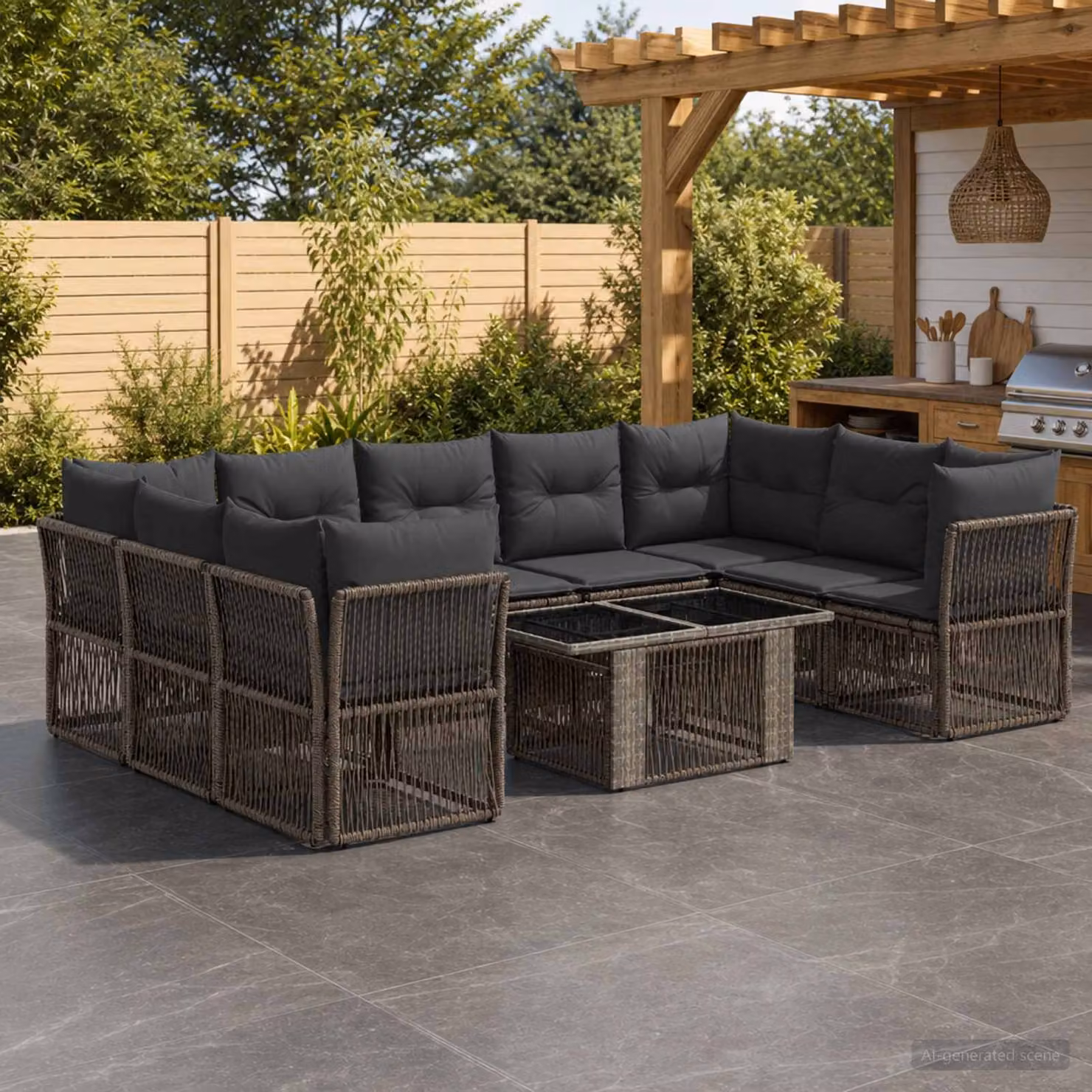 Set Divano da Giardino vidaXL 10 Pezzi in Polyrattan Grigio con Cuscini e Tavolino da Esterno a Forma di U
