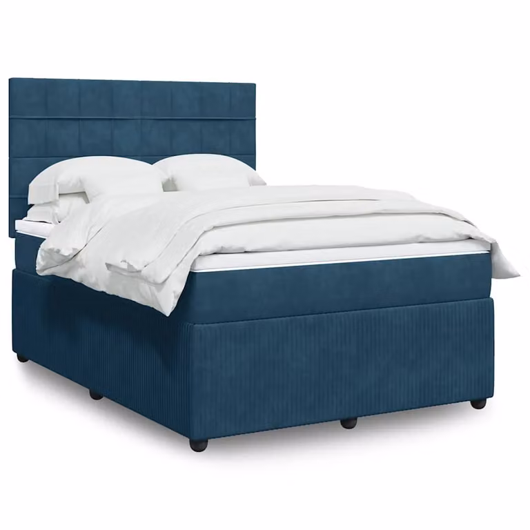 vidaXL Giroletto a Molle con Materasso Ibrido in Velluto Blu e Bianco L/P/H: 140 x 200 cm