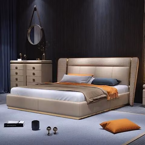 Luxusbett Beige Modernes Polsterbett Komfort Schlafen Stilvolles Design Bett