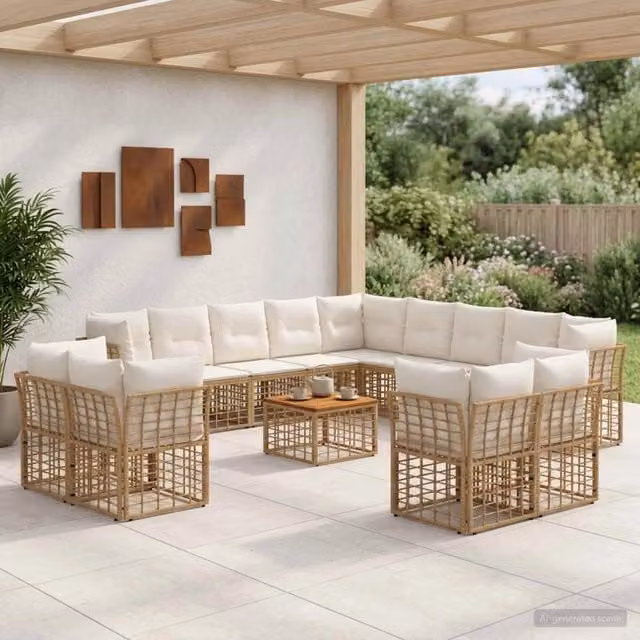 Set di divani da esterno vidaXL a forma di U composto da 14 pezzi per 13 posti, colore beige e marrone, con struttura in metallo e legno di acacia, tavolo da caffè e cuscini inclusi
