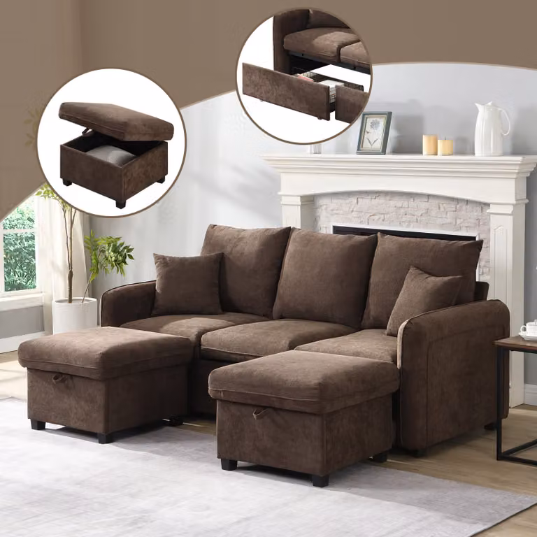 Divano angolare MODFU con contenitore, divano a tre posti a forma di U con funzione letto, divano relax con cassetti + pouf con contenitore, marrone