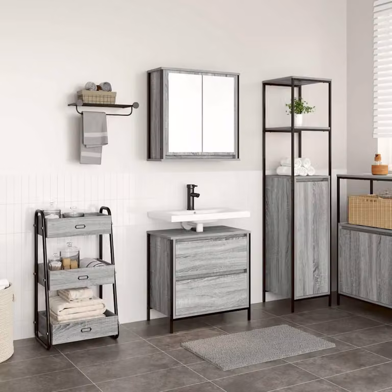 Set di mobili da bagno vidaXL composto da mobile lavabo e pensile a parete in legno e metallo, Grigio, L: 60 cm, P: 34,5 cm, H: 60 cm