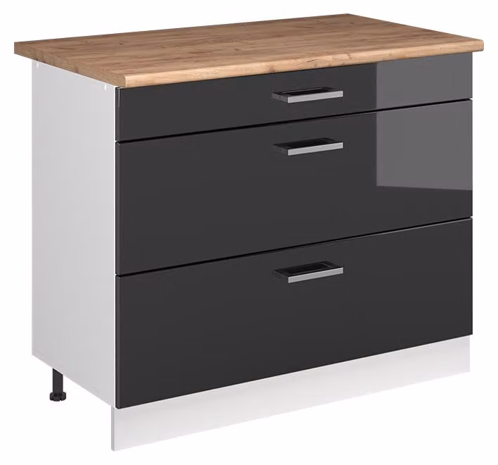 Mobiletto base per cucina Vicco R-Line Antracite lucido/Bianco 100 cm piano di lavoro Rovere dorato, Model 71489