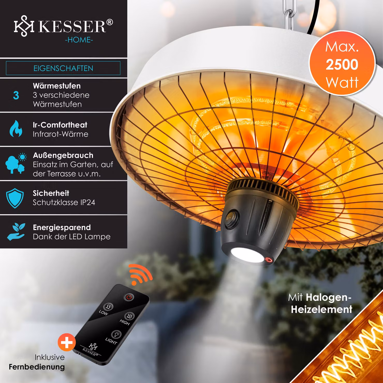 KESSER® Riscaldatore da soffitto a infrarossi a fungo da 2500 W per terrazze con telecomando | Riscaldatore al quarzo | Luce a LED | Da soffitto | Riscaldatore a infrarossi | Con catena + moschettone | Elemento riscaldante in carbonio