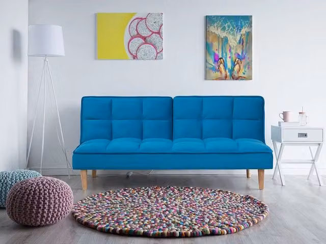 Divano Letto Beliani 3 Posti in Velluto Turchese con Sistema Click Clack e Poggiatesta Regolabile Stile Moderno