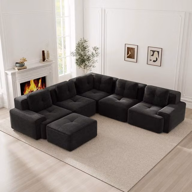 Divano angolare modulare OKWISH in velluto a coste nero con seduta profonda L/P/H: 295 x 295 x 69 cm