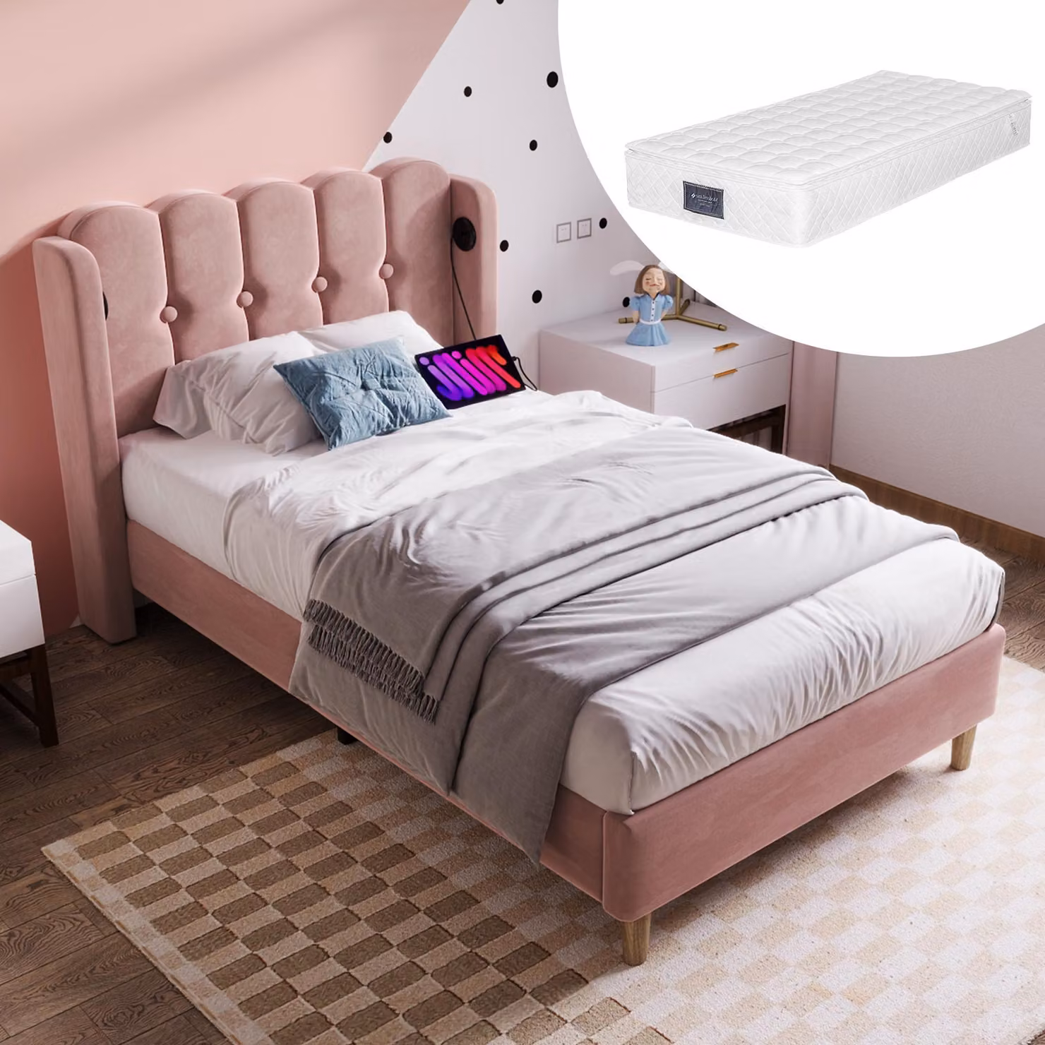 Letto imbottito letto singolo con USB tipo C, struttura letto con rete a doghe, letto in rosa, 90 x 200 cm struttura letto giovane con materasso