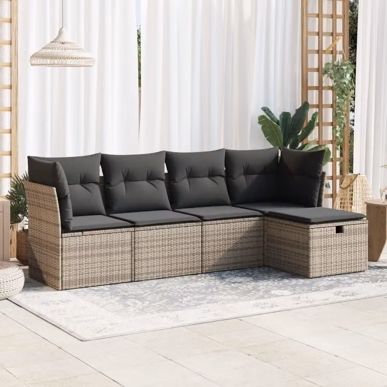 Set Divano da Giardino vidaXL 5 pz a Forma di L in Polyrattan Grigio con Cuscini e Ottoman