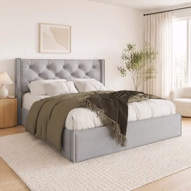 Letto Contenitore Imbottito REDOM Grigio Chiaro con Rete in Legno L: 140 cm, P: 200 cm, H: 110 cm