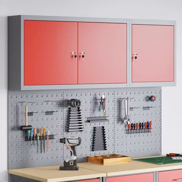 Set di 5 armadi per attrezzi da parete vidaXL in acciaio rosso e grigio con ripiani interni e serratura – 1