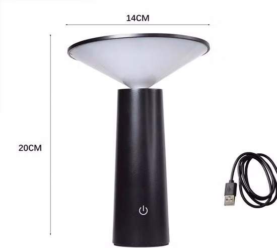 Lampada da tavolo cilindrica moderna con LED wireless, dimmer touch e ricarica USB, ideale per camera da letto o esterno, colore nero