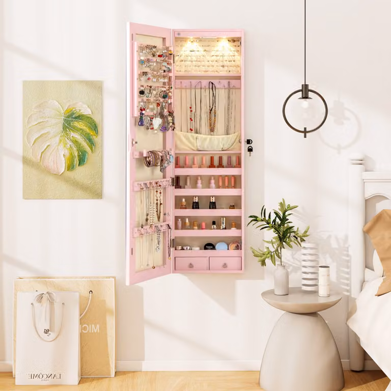 Armadio portagioie Costway in legno con specchio e LED interno, Rosa, L: 35,5 cm, P: 10 cm, H: 120 cm