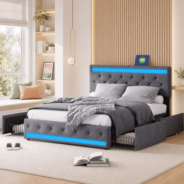 Letto imbottito INONEFT, modello contenitore, 140x190 cm, letto matrimoniale con 4 cassetti, letto per ragazzi con LED, porte USB e Type-C, letto multifunzionale con rete a doghe, colore grigio lino