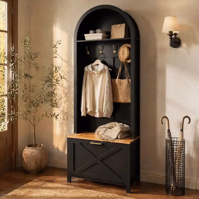 Mivray Guardaroba da ingresso moderno con panca e ganci, nero e marrone, L: 75 cm, P: 35 cm, H: 195 cm