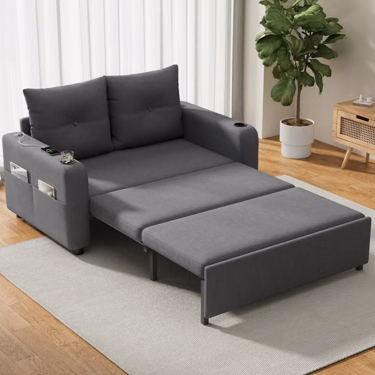 MODFU divano letto 3 in 1 con 2 portabicchieri e pannello di ricarica con porta USB e Type-C, chaise longue con tasche laterali e funzione letto, mobili imbottiti, grigio