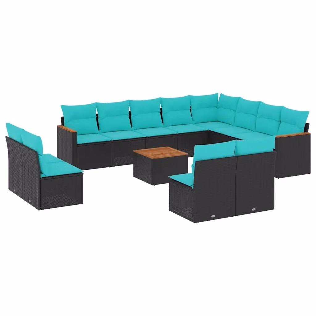 Set di Divani da Giardino a Forma di U con Cuscini vidaXL, Polyrattan e Acciaio, Colore Nero, Blu e Turchese – 2