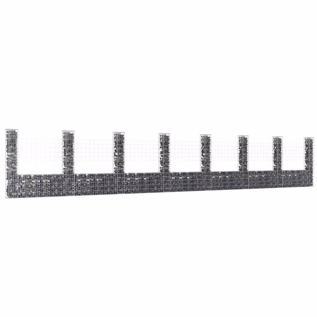 vidaXL Gabbione a U in acciaio con 8 pali in ferro, colore grigio/argento, L: 860 cm, P: 20 cm, H: 150 cm