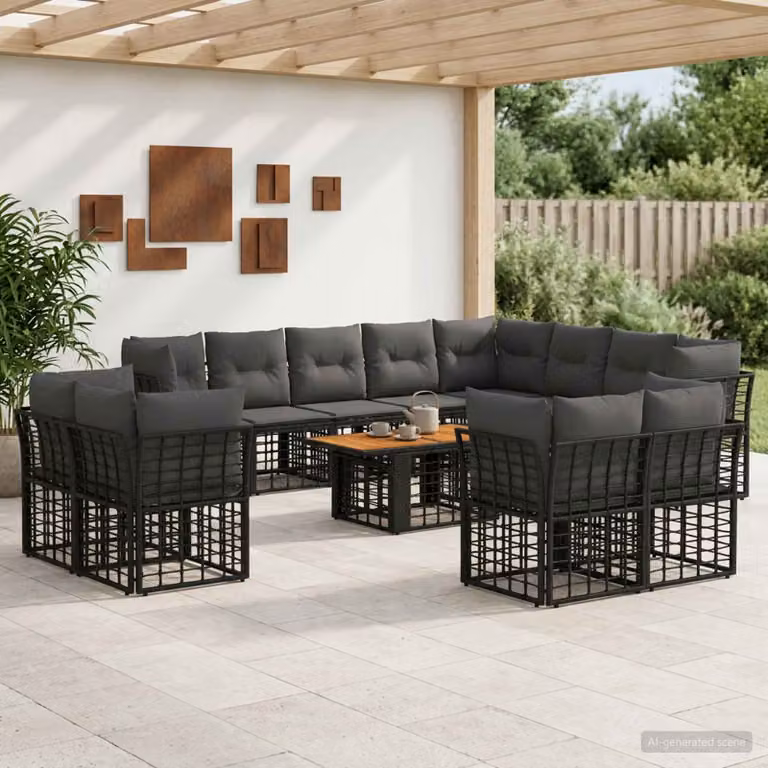 Set Divano da Giardino vidaXL 13 pz in Polyrattan Nero e Grigio con Tavolino e Cuscini in Schiuma