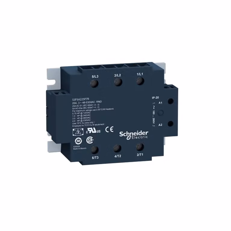 Relè a semiconduttori Schneider Electric, Harmony SSP3, 42-660 V CA, 3x 50 A, commutazione a tensione zero, E: 90-280 V CA, pellicola termica SSP3A250P7T