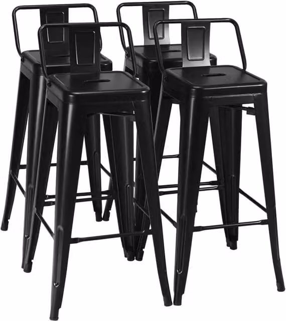 Set di 4 Sgabelli da Bar Moderni COSTWAY in Metallo Verniciato Nero, Impilabili con Schienale e Poggiapiedi, Altezza: 94 cm – 1