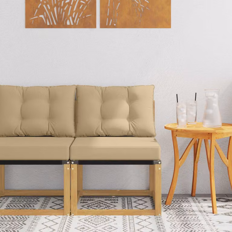 Divano centrale da esterno vidaXL in legno di acacia con cuscini in tessuto beige e bianco