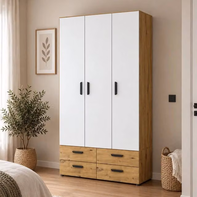 Armadio Camera da Letto Randazzo, Guardaroba 3 Ante Appendiabiti, 111x52 cm Marrone Rovere Nodi