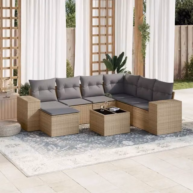vidaXL Set Divano da Giardino a L 8 pz in Polyrattan con Cuscini Beige e Tavolino – 1
