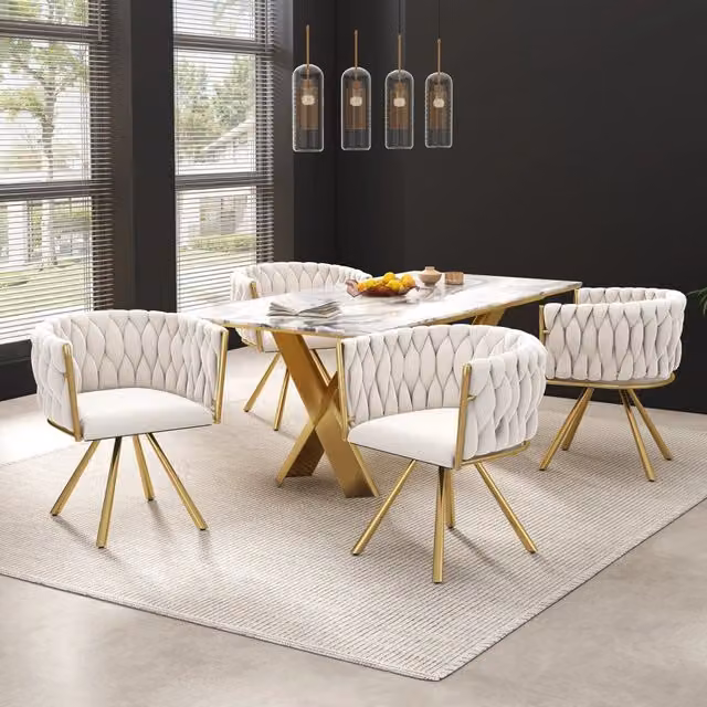 Set di 4 sedie da pranzo girevoli MIVRAY in velluto beige con struttura in metallo dorato e schienale curvo imbottito