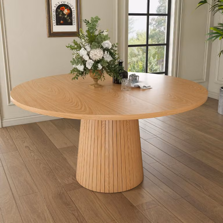 Tavolo rotondo per sala da pranzo, con base a colonna in metallo e struttura in legno di quercia, dal design semplice