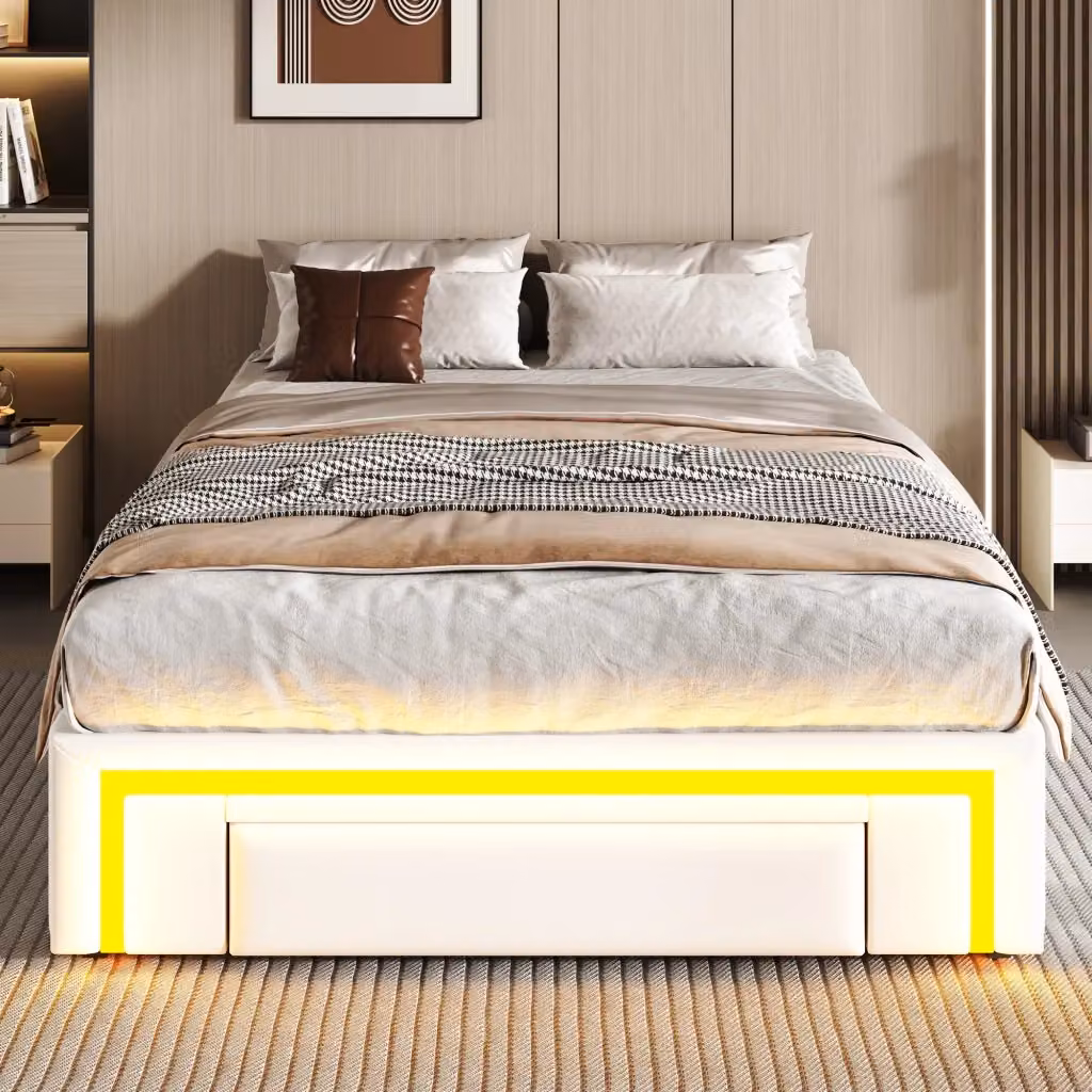 Letto singolo OKWISH in similpelle bianca con cassetti e illuminazione LED, L/P: 90 x 200 cm – 2