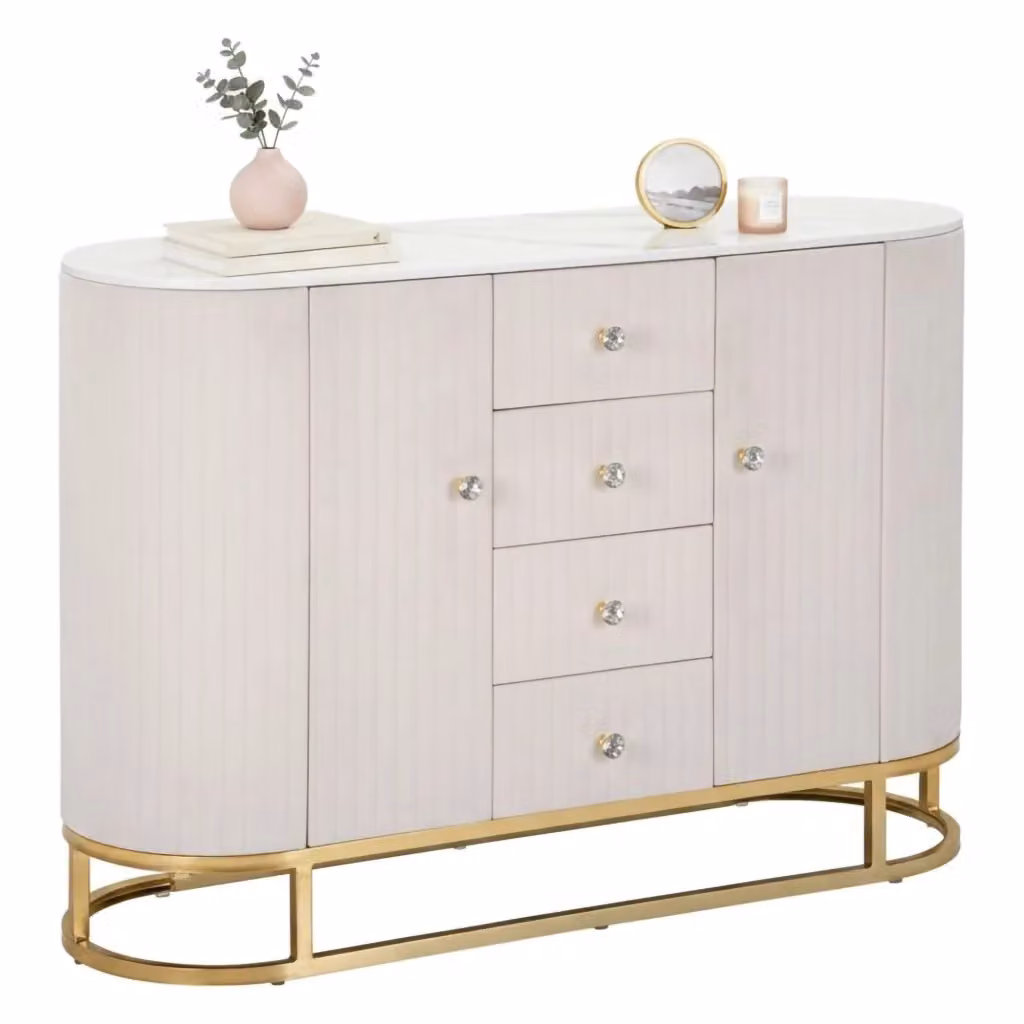 Credenza Lodovico DMORA per soggiorno e sala da pranzo, colore beige, bianco e oro, L 120 cm, P 40 cm, H 85 cm – 2