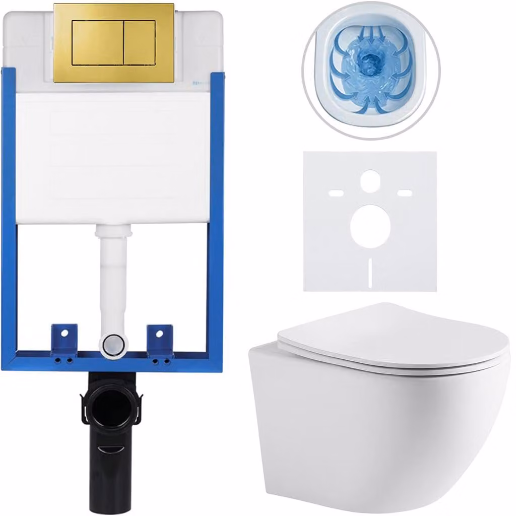 Set completo per WC sospeso Lite/Cesso - bianco opaco - pulsante per WC Classic, dorato - da incasso - 49x36 cm