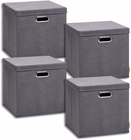Ibenzoa® Set di 4 contenitori portaoggetti, dimensioni 34 x 34 x 33 cm, con coperchio e maniglie larghe, pieghevoli, realizzati in cartone resistente e tessuto non tessuto, ideali per la casa e adatti a scaffali cubici standard