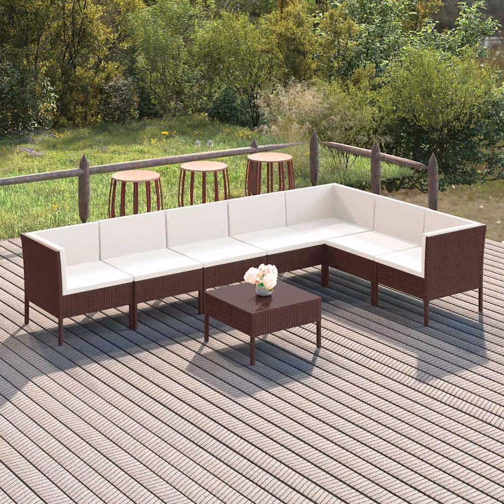 Set Divani da Giardino vidaXL 8 pz in Polyrattan Marrone e Bianco con Cuscini e Struttura in Acciaio con Forma a L