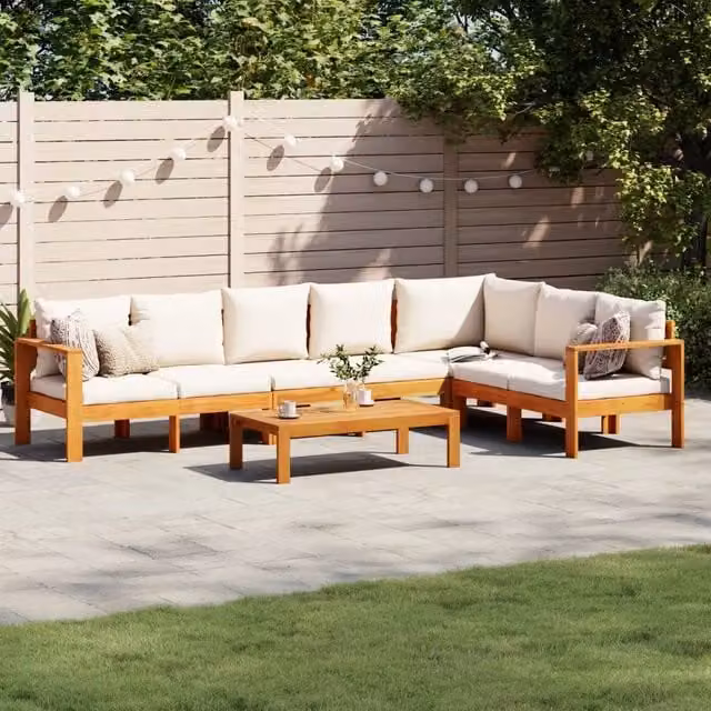 Set Divano da Giardino 5 Pezzi vidaXL in Legno di Acacia con Cuscini Beige e Bianchi