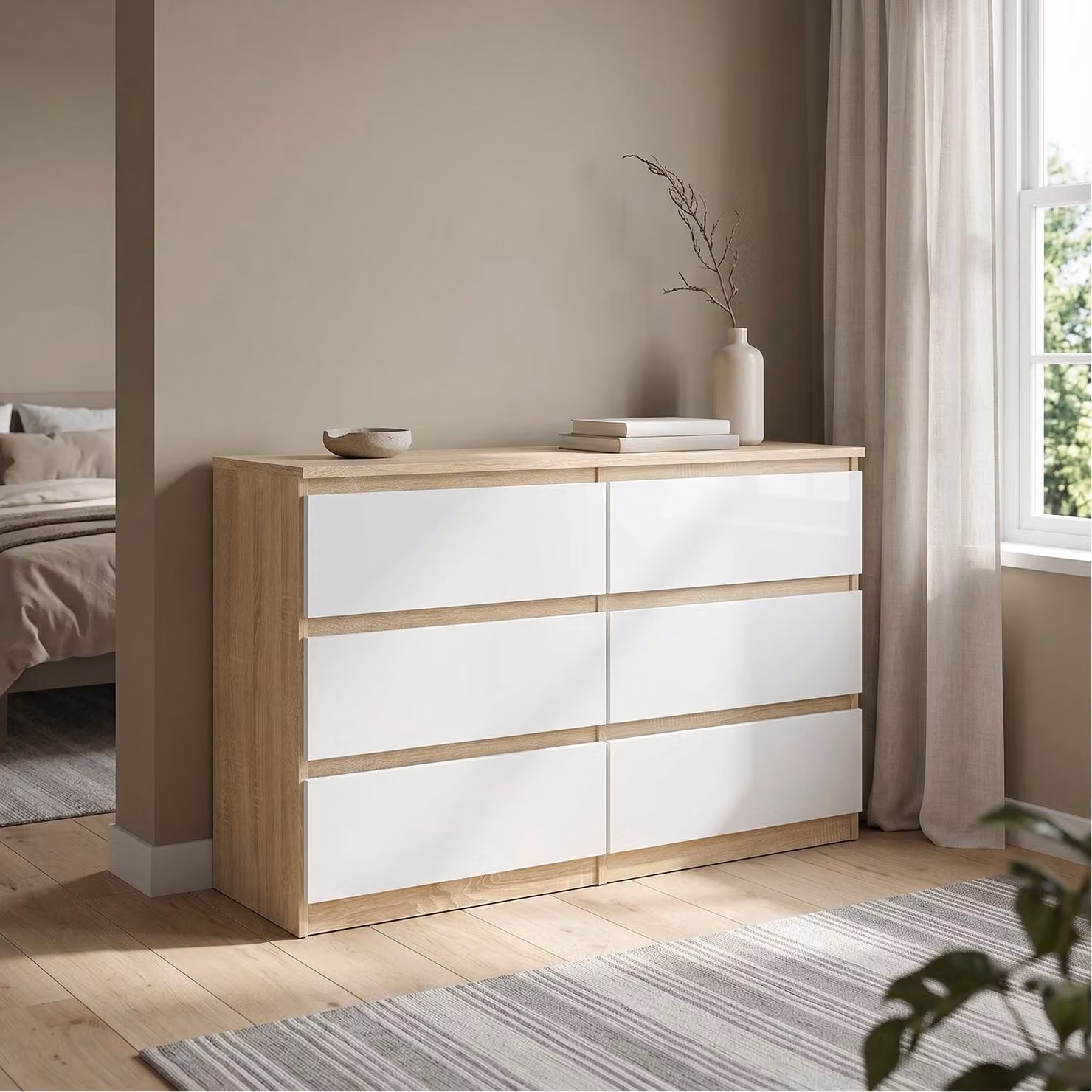 Comodà Masseno NUDO da 138,5 cm con 6 cassetti e ante, per soggiorno e camera da letto, stile moderno, 138,5x39x78,5 cm, rovere Sonoma / bianco