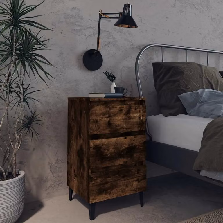 Comodino vidaXL in stile industriale con gambe in metallo, colore Rovere Fumo, L 40 cm x P 35 cm x H 69 cm
