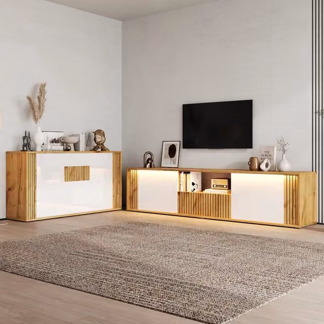Set 2pz mobile soggiorno ¨C Minimal ¨C colore bianco effetto legno, 180x40x51cm + 140x35x71cm per TV 75 pollici