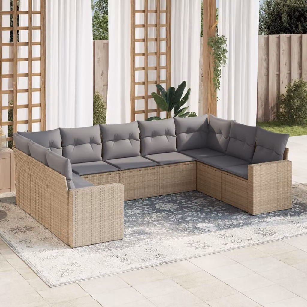 vidaXL Set Divano da Giardino a L 9 pz con Cuscini Beige e Struttura in Metallo e Polyrattan – 1