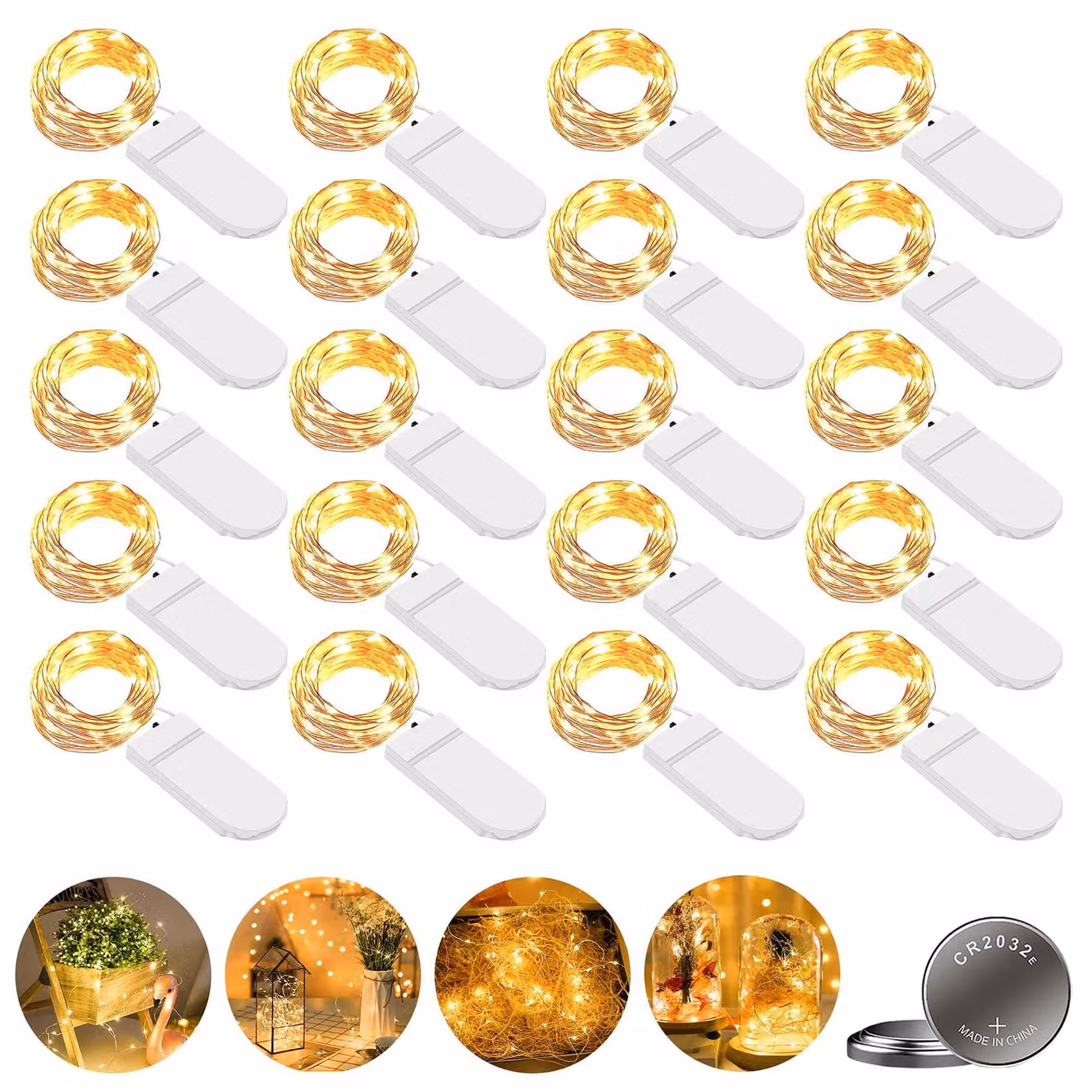 Catena luminosa a LED, set da 20 luci, lunghezza 2 metri, 20 LED bianco caldo, filo di rame, grado di protezione IP65, alimentazione a batteria