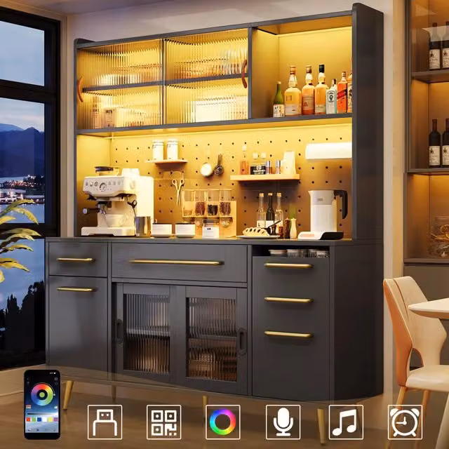 Credenza Xylo con LED e Vetro Nero e Parete Attrezzata con Cassetto