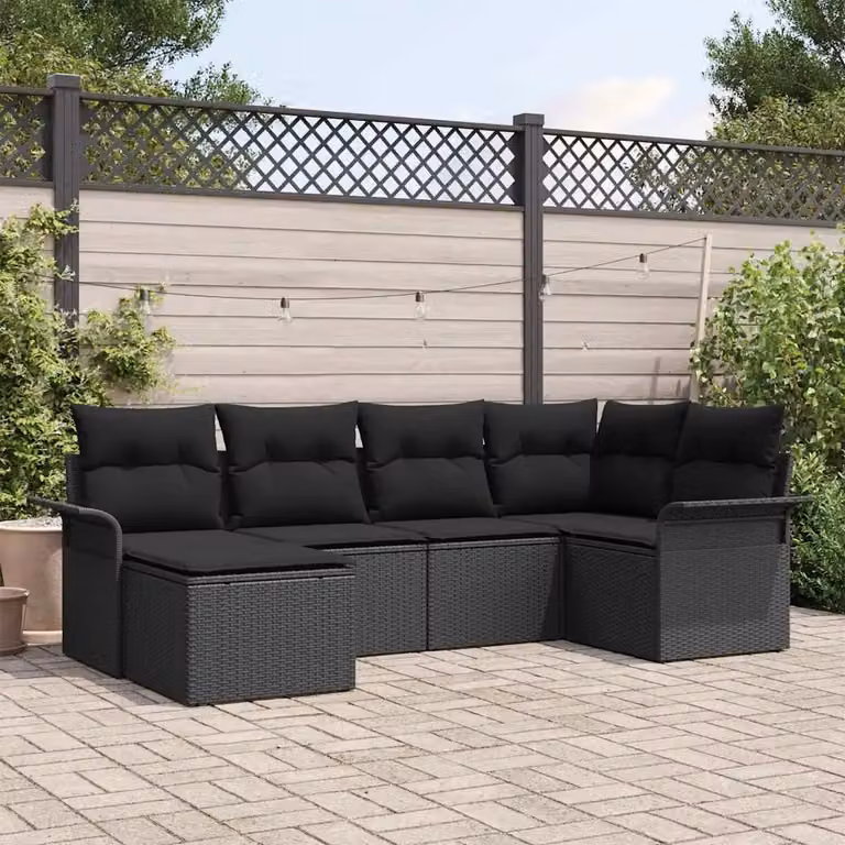 Set Divano da Giardino vidaXL 6 pz Nero con Archiviazione e Cuscini, Design Moderno a L in Polyrattan e Acciaio