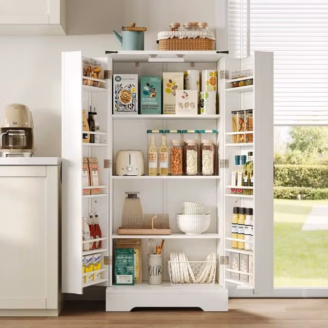 Dispensa alta da cucina con LED e 2 ante ripiani regolabili stile rustico in MDF bianca 60 × 35 × 128,5 cm