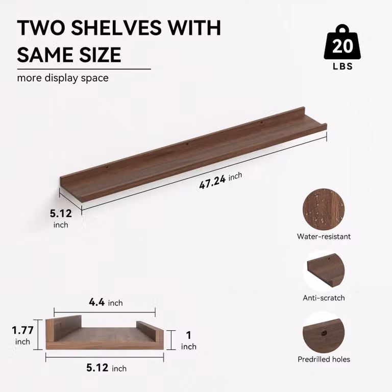 Mensole a parete in legno di noce, set da 2, 120 cm, ideali per soggiorno e cucina
