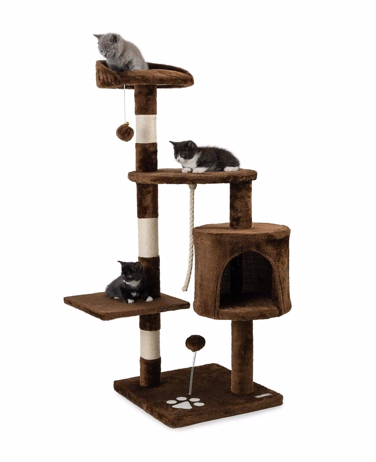 tiragraffi lionto per gatti alto 112 cm, con grotta, corda in sisal, palline di peluche e supporto da parete, albero da arrampicata compatto, marrone