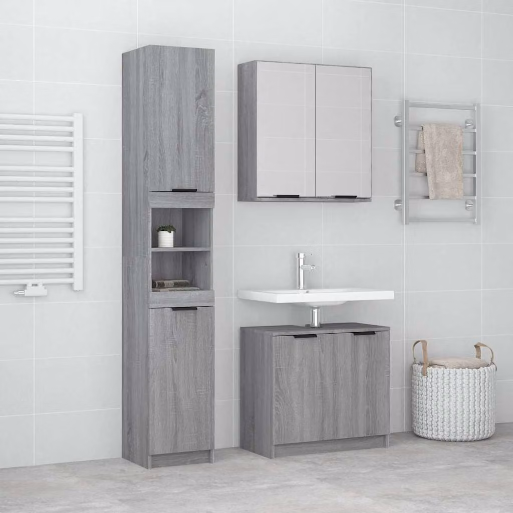 Set di mobili da bagno moderni vidaXL in legno MDF grigio opaco composto da 3 pezzi con mobile lavabo e armadietto con specchio