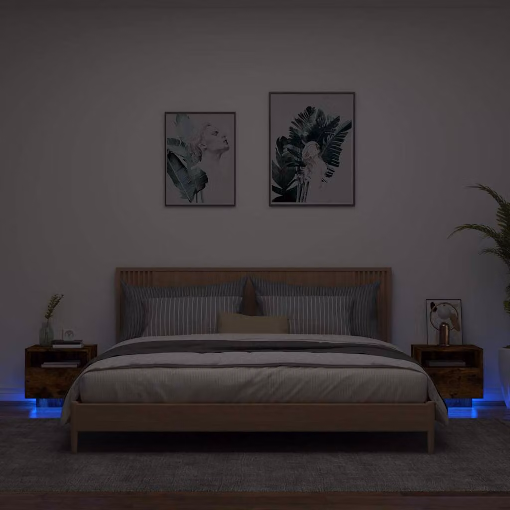 Set di 2 comodini moderni vidaXL con luci LED integrate in colore rovere fumo, L 40 cm x P 39 cm x H 37 cm