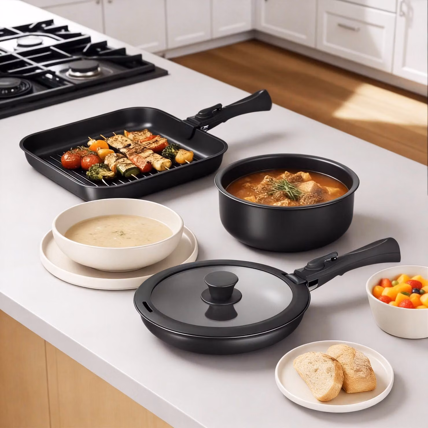 Set da cucina Tectake da 41 pezzi con padelle, coperchi e cestelli per vapore, antiaderente, nero e beige – 1