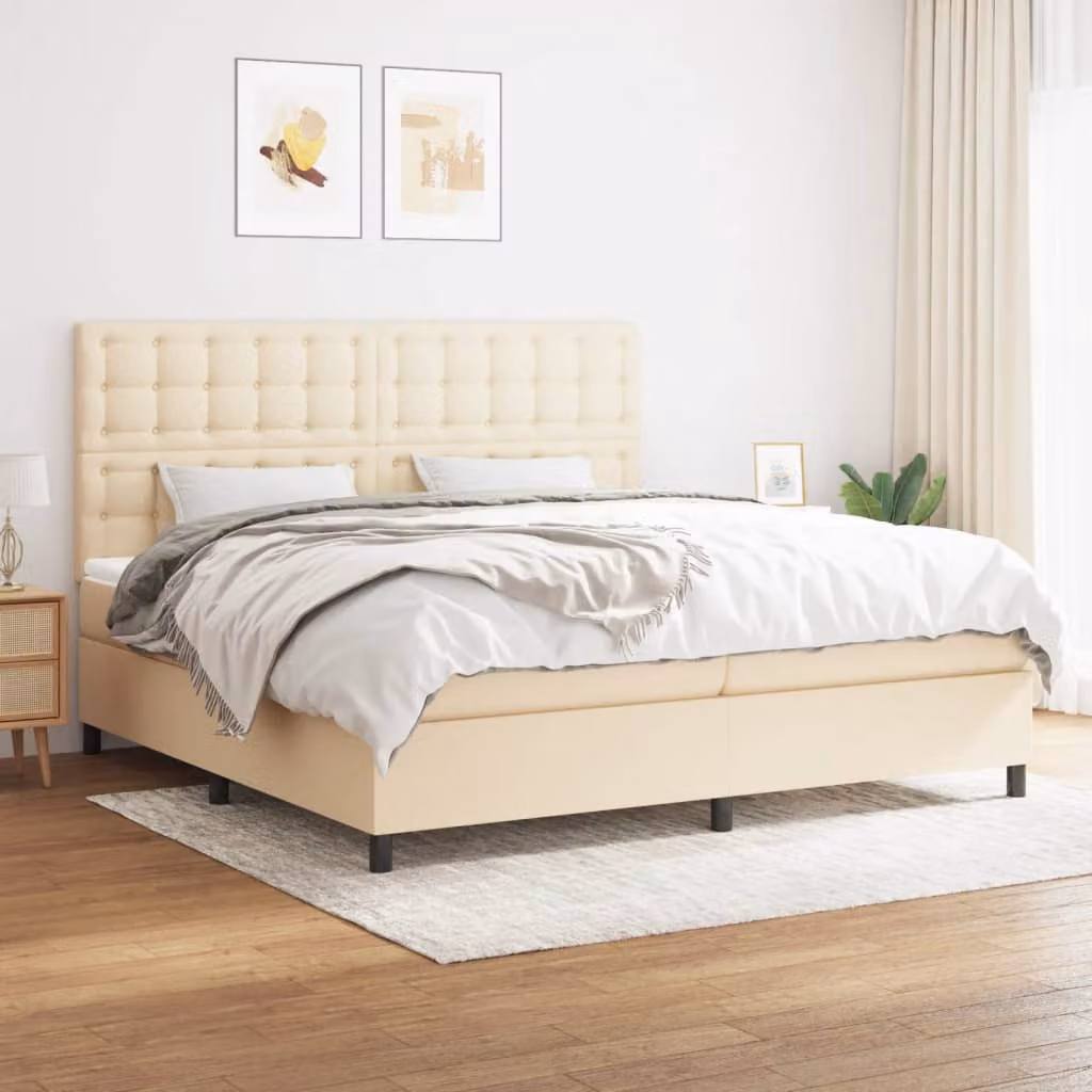 vidaXL Letto a Molle con Materasso in Tessuto Beige e Bianco, L/P: 200 x 200 cm