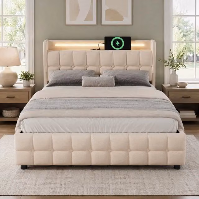 Letto matrimoniale imbottito 180x200 cm con LED; USB; 4 cassetti e testiera beige